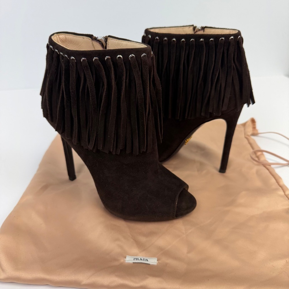 Prada Fringe Peep Toe Booties‎ Women's 35 Brown Suede Stiletto Ankle Heels